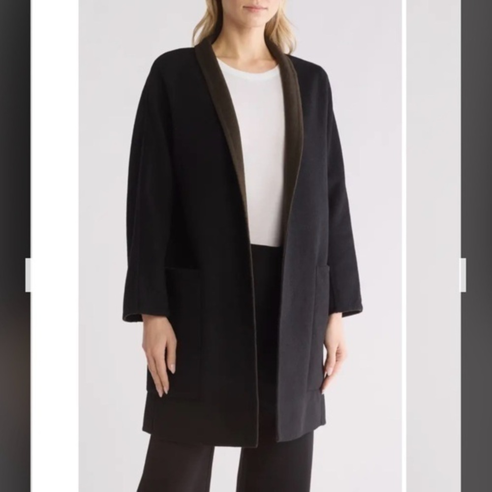 Vince Reversible Collarless Wool Blend Coat in Black/Eden Green Size S